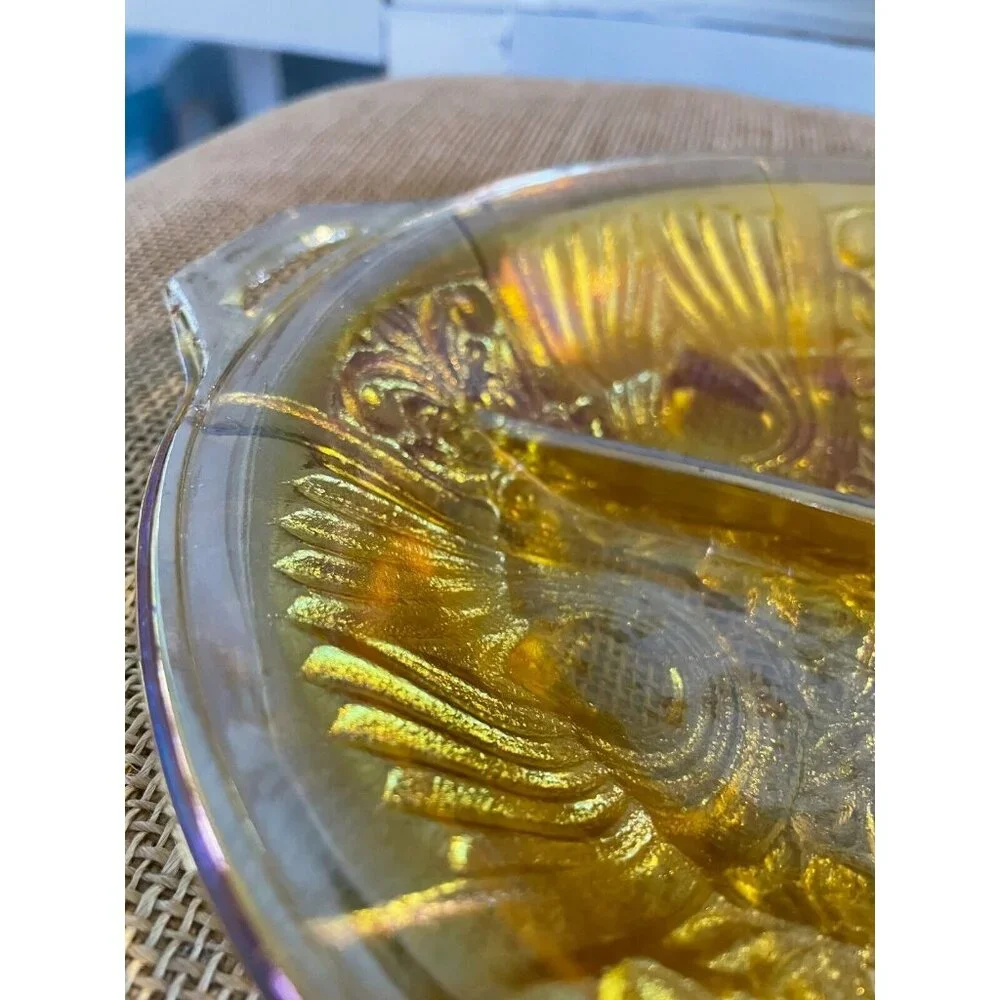 Vintage Carnival Glass Marigold Divided Nut Snack Bowl, 8 in.